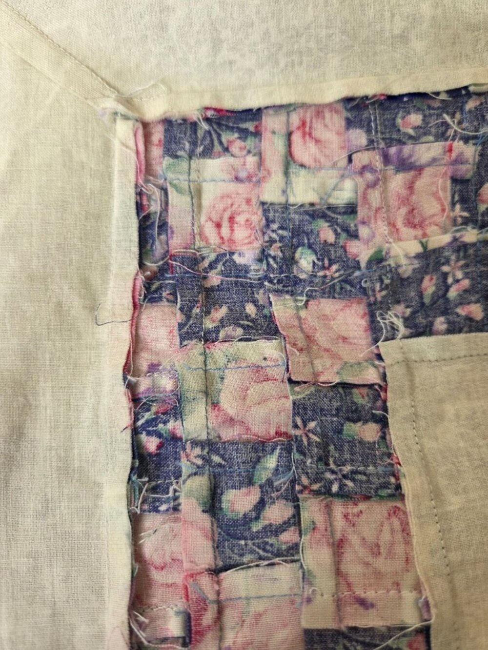 VTG Handmade Quilt Top Victorian Lady Floral Bow Border 75x65 Cream Blue Cotton - Picture 9 of 14